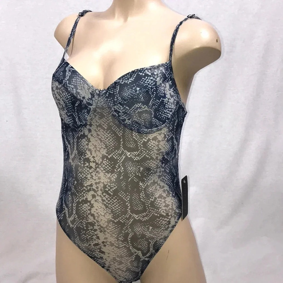 Faded Rose Blue Snake Print Mesh Bodysuit Size Medium. New With Tags - Picture 1 of 3